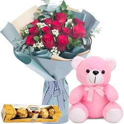 12 Red Roses Bouquet with Bear & Choco - Redflowersngifts.com