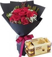 12 Red Roses with 16 Ferrero - Redflowersngifts.com
