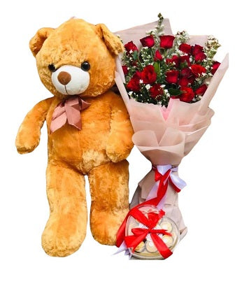 24 Red roses and 2 Feet Bear