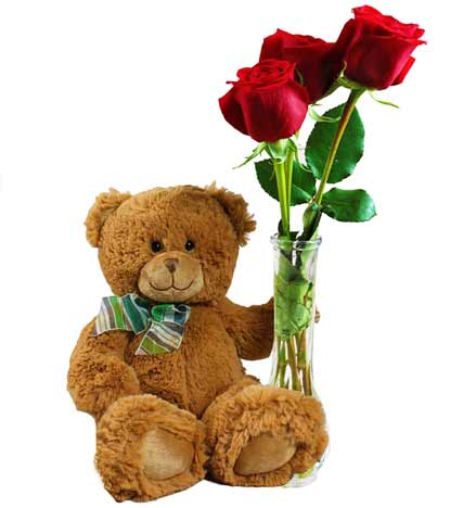 3 red Rroses with Small bear - Redflowersngifts.com