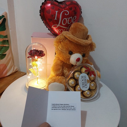 Rose in a Dome with Bear and Chocolates